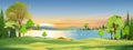 Nature Spring landscape with Green Field with Cloud, Blue Sky,Vector horizon Natural rural Countryside by the lake with forest