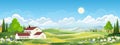 Nature Spring landscape village,Country house,Green Field with Cloud, Blue Sky,Vector horizon Natural rural Countryside with Royalty Free Stock Photo