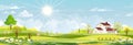 Nature Spring landscape village,Country house,Green Field with Cloud, Blue Sky,Vector horizon Natural rural Countryside with Royalty Free Stock Photo