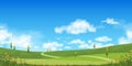 Nature Spring landscape village by the lake with Green Field,Cloud,Blue Sky,Natural rural scene Countryside with forest tree, Royalty Free Stock Photo