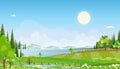 Nature Spring Rural farm landscape with Green Field with Cloud, Blue Sky,Vector horizon Natural rural Countryside with forest tree