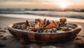 Nature sunset on the coastline, seafood feast by the seashell generated by AI