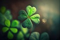 nature symbol of good luck and fortune four-leaf green clover on blurry background