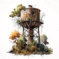 Rustic Charm: Watercolor Painting of an Old Watertower with Vines Accents AI Generated