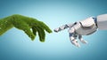 Nature and technology abstract concept, robot hand and natural hand covered with grass reaching to each other, tech and nature