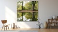 nature-themed artwork of a reflective pond surrounded by green trees adorns a modern, minimalist living room with wooden and