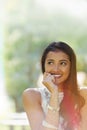 Nature, thinking and woman happy for traveling, smile and daydreaming on vacation in garden for peace. Female person Royalty Free Stock Photo