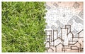 From nature to a new city - jigsaw puzzle concept with a green grass area and an imaginary city map with buildings and roads -