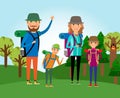 Nature tourism. Family at the forest illustration