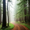 Nature trail in the forest with wispy evergreen boughs overhanging the trail