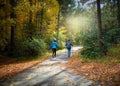 nature trail hiking walking path park hike autumn morning hikers walk exercise Royalty Free Stock Photo