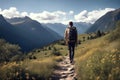 On Nature Trail - Lone Hiker Walking on Trail Between Mountains, created with Generative AI technology