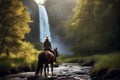 On Nature Trail - Woman on Horseback in River with Waterfall, created with Generative AI technology