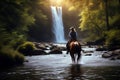 On Nature Trail - Woman on Horseback in River with Waterfall, created with Generative AI technology