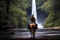 On Nature Trail - Woman on Horseback in River with Waterfall, created with Generative AI technology