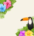 Nature Tropical Background with Toucan, Hibiscus Flowers and Palm Leaves