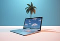 vacation tree concept computer palm laptop travel summer tropical beach. Generative AI.