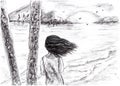 Nature vector sketch. Girl looks at the east of the sun, hand-drawn vector illustration. landscape with a girl. Pencil Drawing of Royalty Free Stock Photo