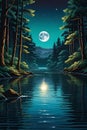 A nature view with rippling water in a forest, moonlit water, reflection of the moon above , plants, tree, river, bookmark design