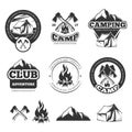 Nature vintage labels set for scout camp. Camping badges with tourist tent. Adventure vector illustrations