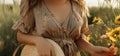 Nature walk Close up details, woman in summer dress with rattan