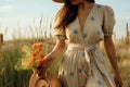 Nature walk Close up details, woman in summer dress with rattan
