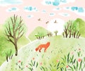 Nature watercolor vector landscape with fox, birds, meadow, trees, sunrise and mountains.