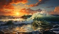 Nature wave at sunset, water reflecting summer dusk sky generated by AI