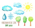 Nature and weather icons by pastel. Cloud, sun, tree, snowflake and water drop handdrawn illustration.