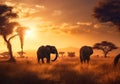 Nature wildlife savannah landscape. Safari sunset with animals. Generative AI