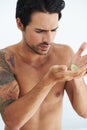 Nature, wildlife and a shirtless man with a butterfly in his hands for fragile, delicate or gentle care. Body, ecology