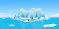 Nature winter arctic ice landscape with iceberg, snowy mountains, hills and penguins. Winter vector illustration. winter Royalty Free Stock Photo