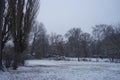 Beautiful snowy landscape in the park recreation area of Berliners in December. Berlin, Germany