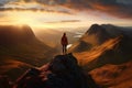 nature woman man backpack sunset hiker mountain summer travel back adventure landscape. Generative AI.