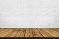 Nature wooden product table blank, Wood floor top view and white brick wall background perspective for display your packaging or Royalty Free Stock Photo