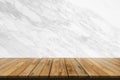 Nature wooden product table blank, Wood floor top view and white tile marble wall background perspective for display your Royalty Free Stock Photo