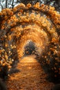 Natures art an archway of yellow flowers and leaves in a tunnel of symmetry Royalty Free Stock Photo