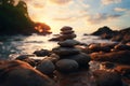 Natures beauty at dusk Rocky shoreline, dramatic sunset, peaceful waves