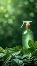 Natures beauty Green cosmetic bottle with pump, surrounded by leaves