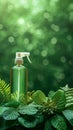 Natures beauty Green cosmetic bottle with pump, surrounded by leaves
