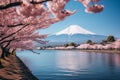 Natures beauty Mt Fuji and cherry blossoms at Kawaguchiko lake