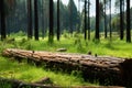 Natures beauty Pine forest with a log on vibrant grass