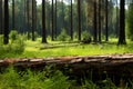 Natures beauty Pine forest with a log on vibrant grass Royalty Free Stock Photo