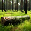 Natures beauty Pine forest with a log on vibrant grass