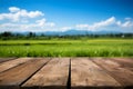 Natures beauty Wooden floor, green rice fields, and clear blue sky