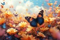 Natures canvas Colorful flowers and butterfly create a picturesque scene