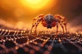 Natures drama spider crawls on a dewy web at sunset Royalty Free Stock Photo