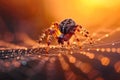 Natures drama spider crawls on a dewy web at sunset Royalty Free Stock Photo