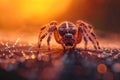 Natures drama spider crawls on a dewy web at sunset Royalty Free Stock Photo