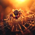 Natures drama spider crawls on a dewy web at sunset Royalty Free Stock Photo